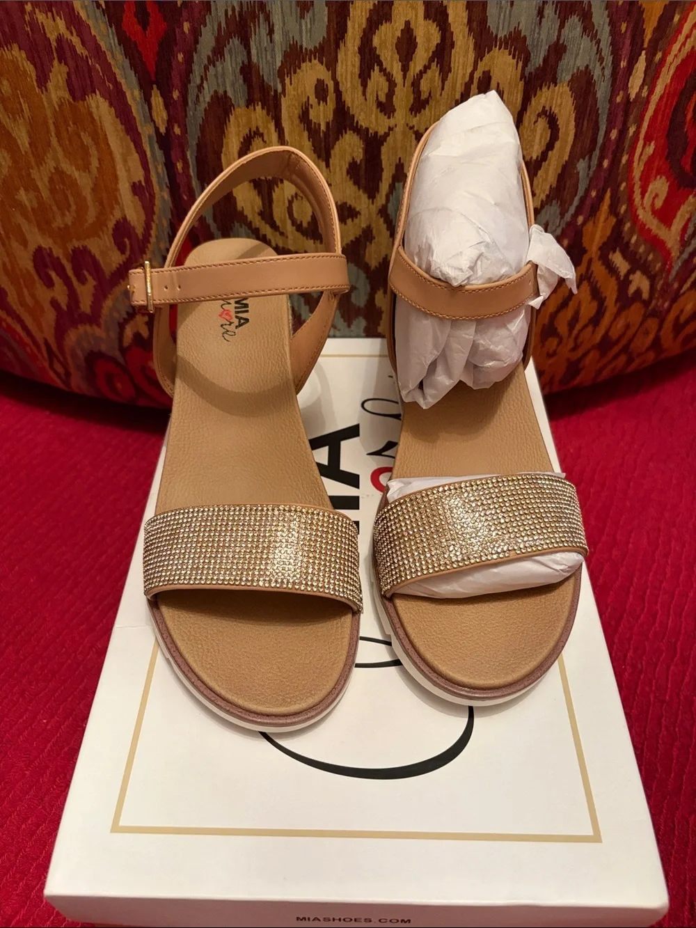Mi Amore Tan Wedge Sandals with Rhinestone Front Strap